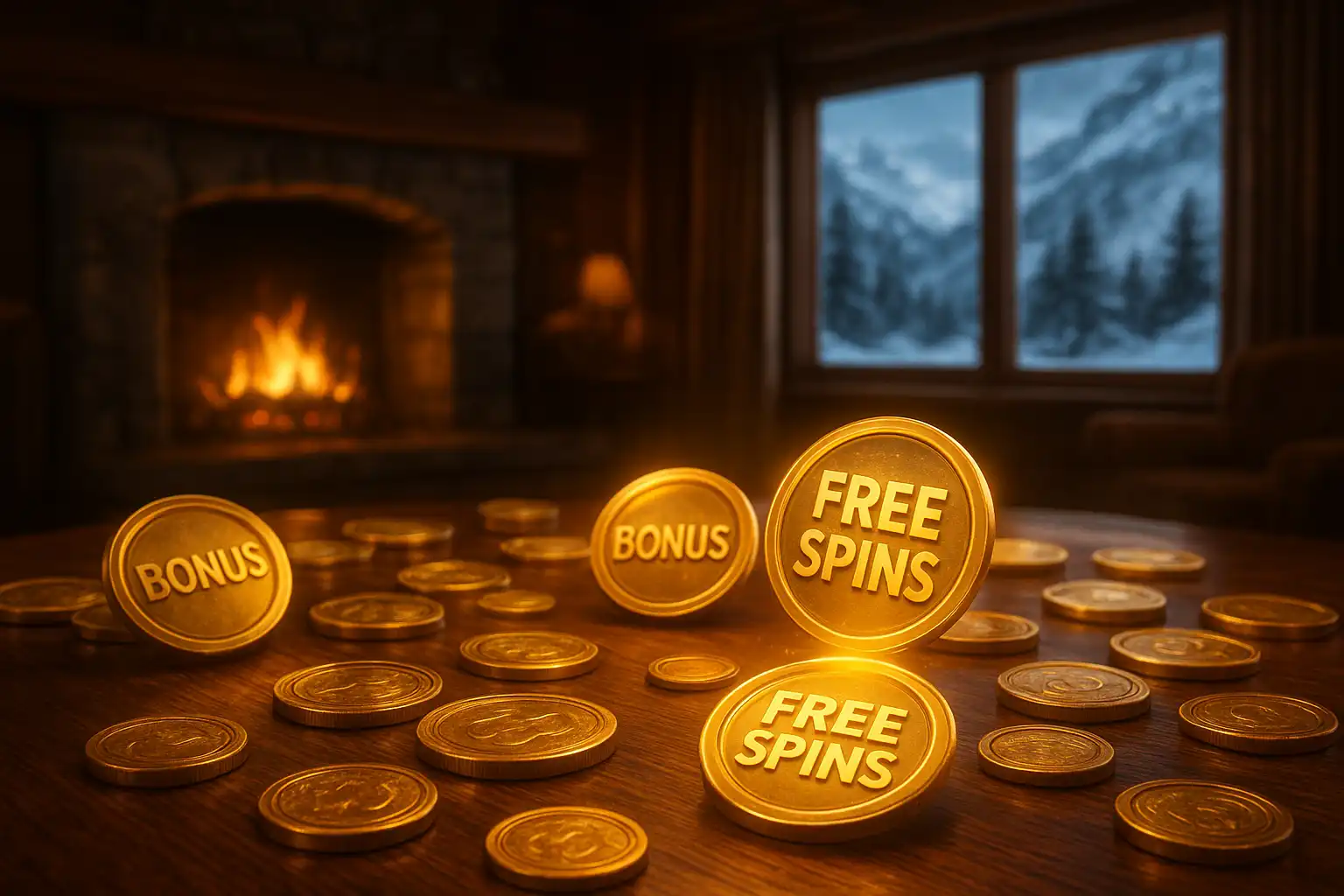 Goldene Bonusmünzen und Freispiel-Symbole vor einem Alpen-Chalet-Hintergrund