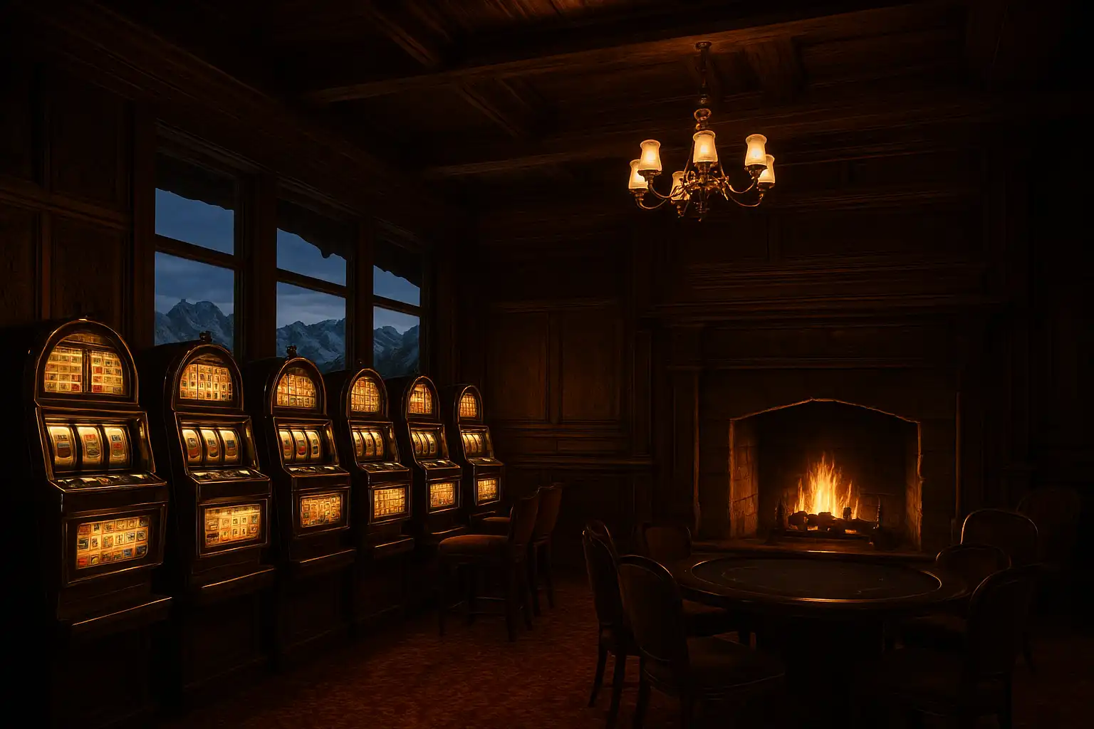 Luxuriöses Alpen-Chalet-Casino mit Cheminée und Slots bei Schneefall