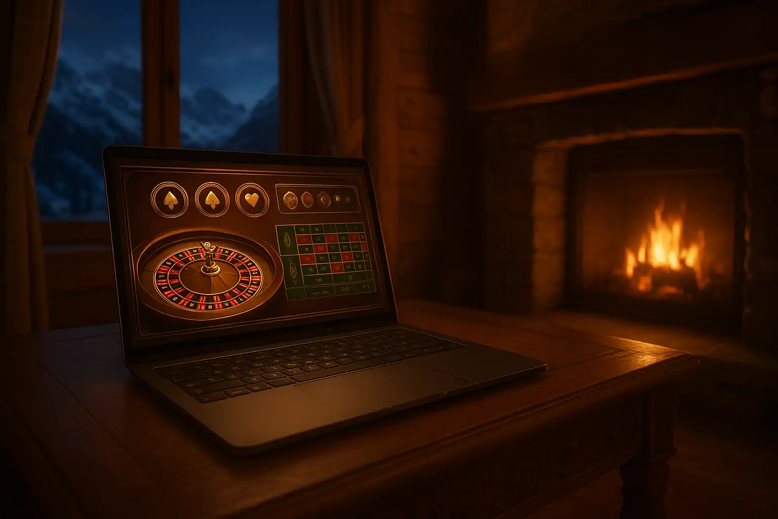 Redaktionsteam prüft ein Alpen-Chalet-Casino auf einem Laptop vor Kaminfeuer