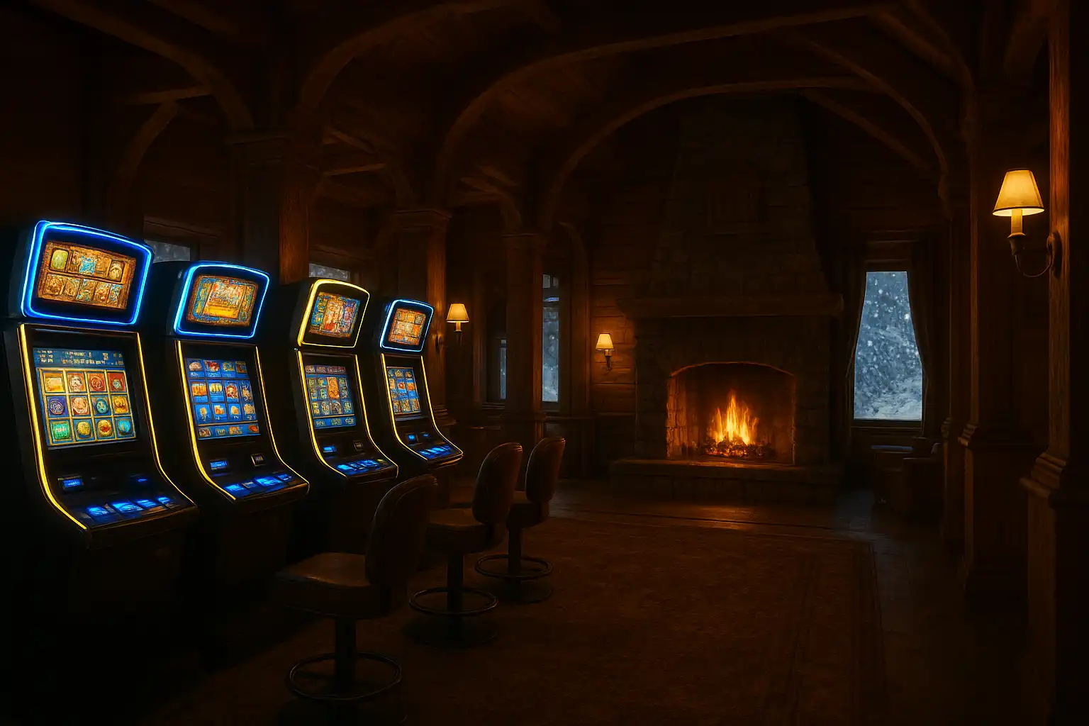 Reihe von leuchtenden Spielautomaten in einer Alpen-Chalet-Lobby